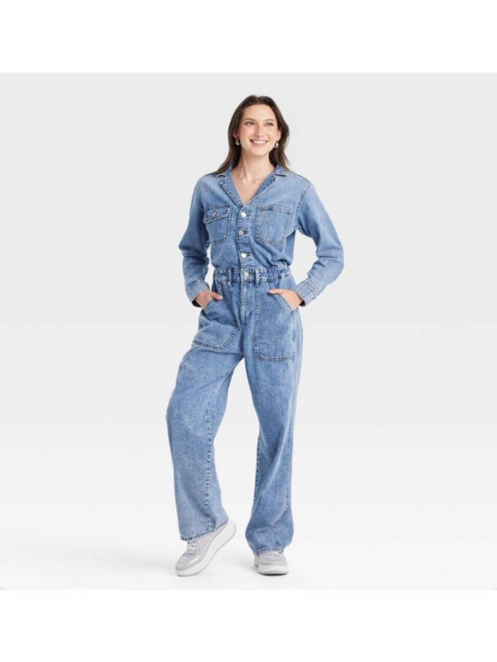 Universal Thread Denim Long Sleeve Button Front Straight Leg Jumpsuit 6R